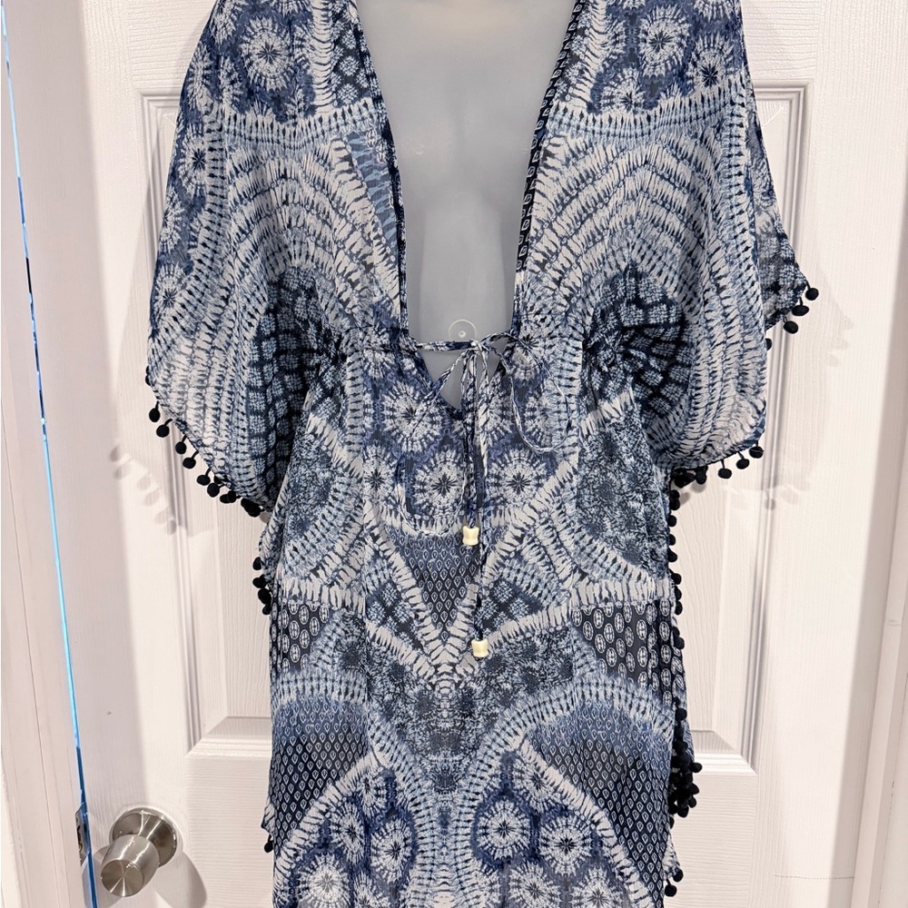 Jessica Simpson Navy and White Tie-Front Swim Coverup with Pom Trim